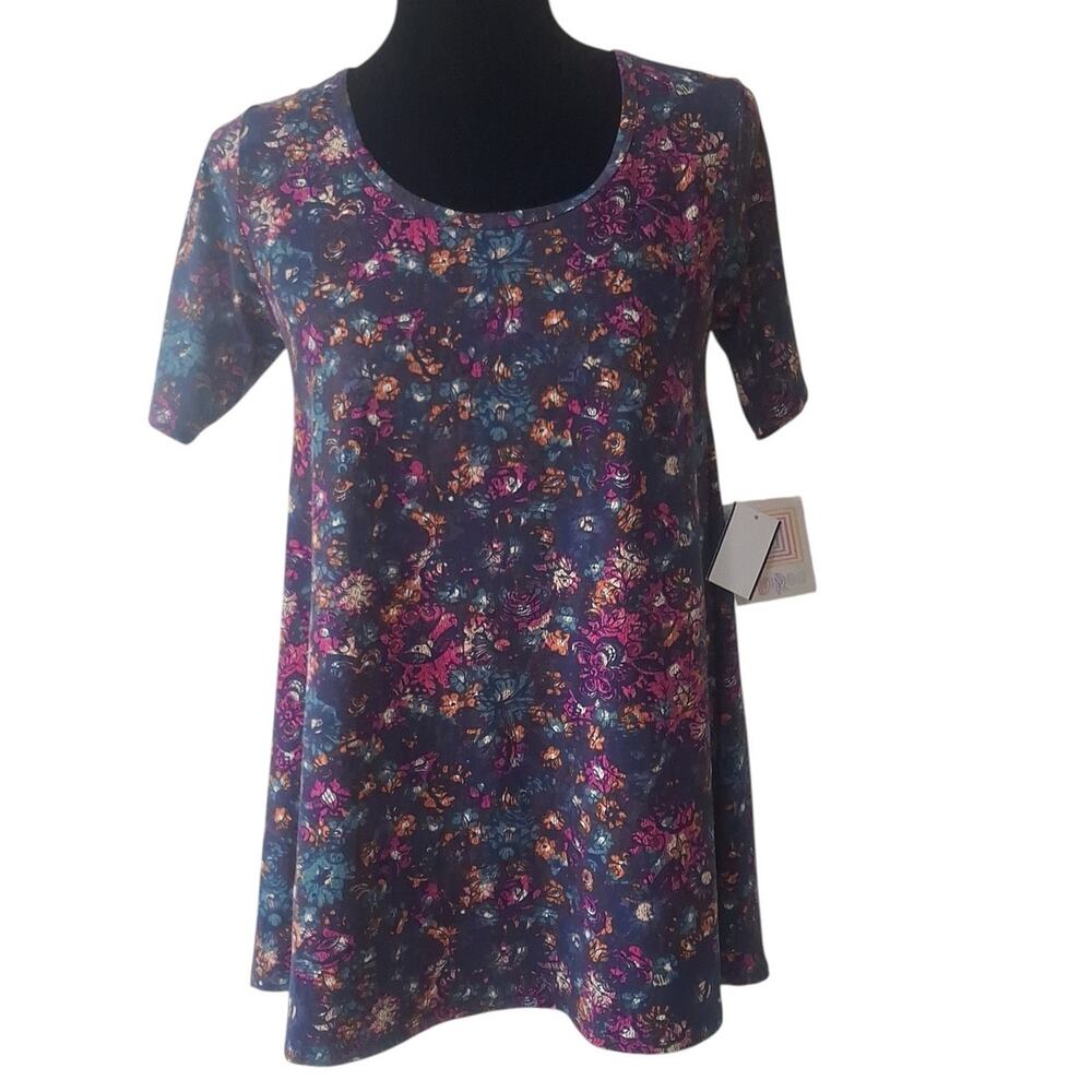 LuLaRoe "Perfect T" Purple with Flowers T-shirt Short Sleeve Scoop Neck Size XXS